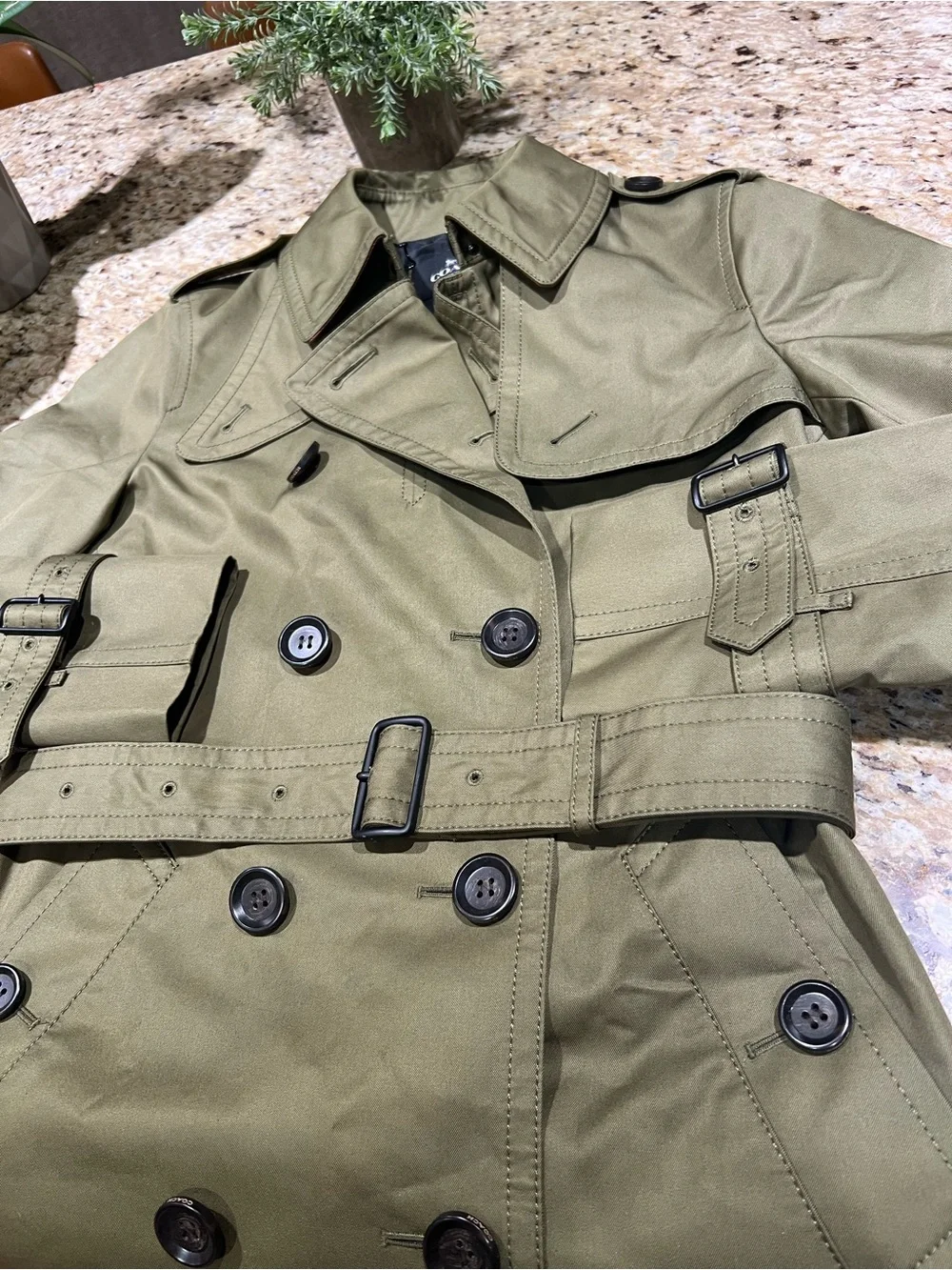 Coach Olive Green Double-Breasted Mid Trench Coat with Belt XXSmall